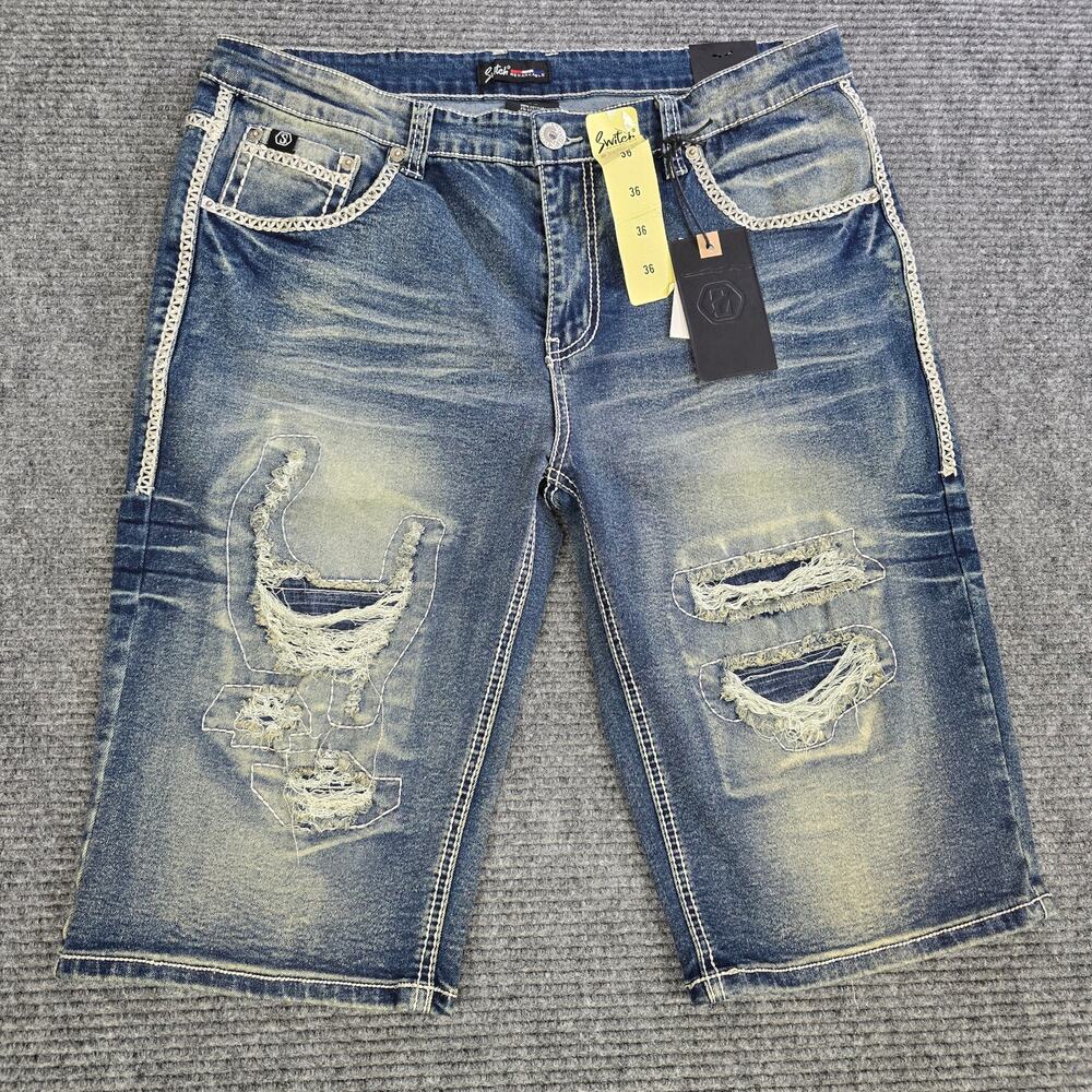 Switch Remarkable Mens Denim Shorts 36 Blue Distressed Ripped Embroidered NWT